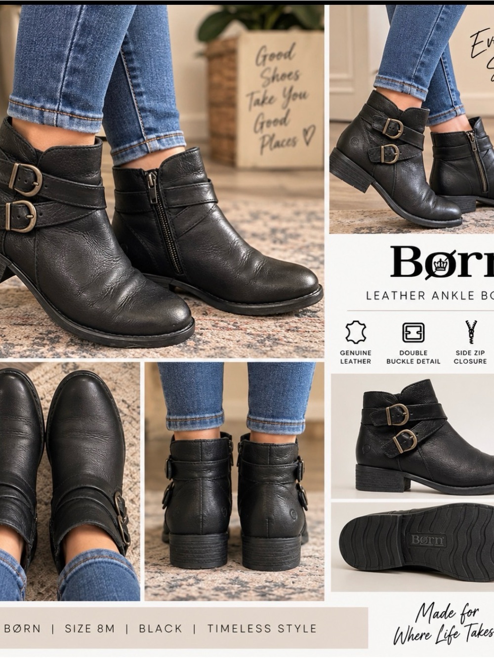 Børn Black Leather Double Buckle Ankle Boots Moto Booties Size 8M